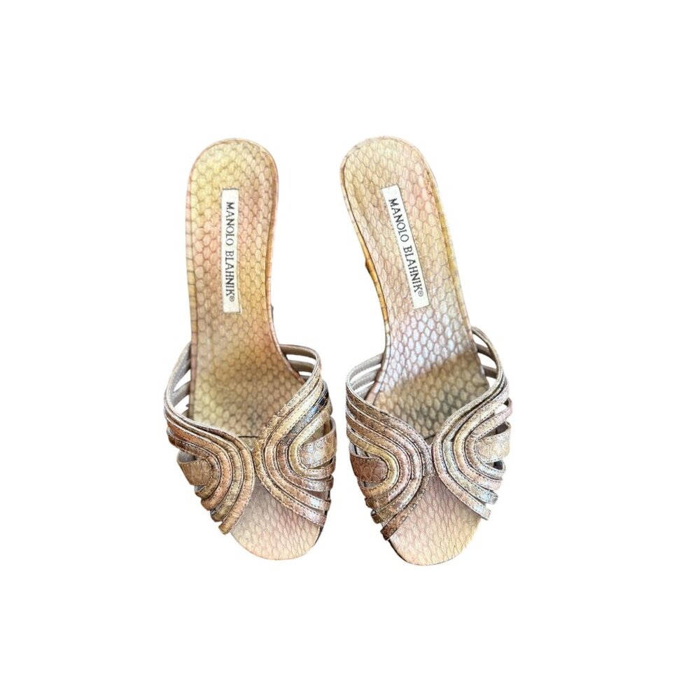 Manolo Blahnik Snakeprint  Bronze Kitten Heel Mules Size 5
